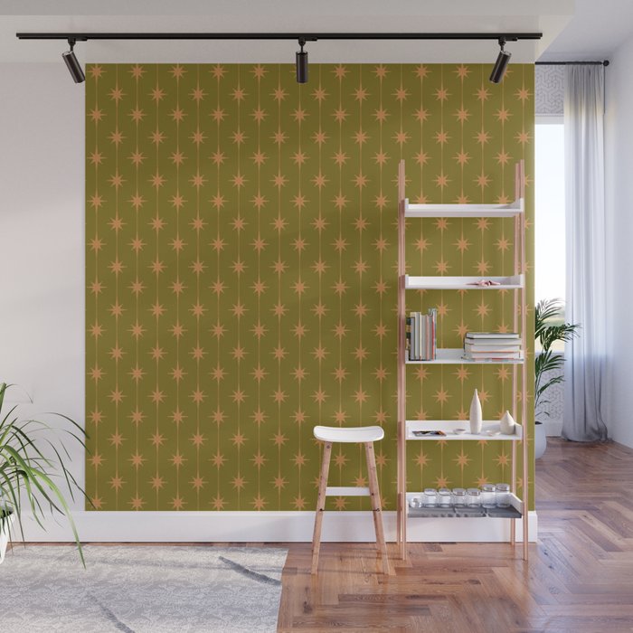 Mid Century Modern Stars and Dots Pattern in Vintage Olive Green and Orange Wall Mural Gallery Image 1