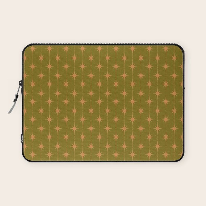 Mid Century Modern Stars and Dots Pattern in Vintage Olive Green and Orange Laptop Sleeve Gallery Image 1