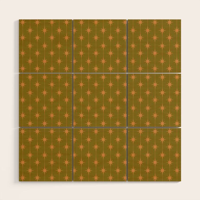 Mid Century Modern Stars and Dots Pattern in Vintage Olive Green and Orange Wood Wall Art Gallery Image 1