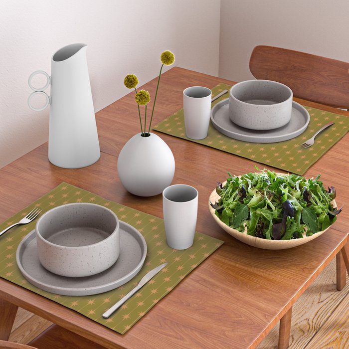 Mid Century Modern Stars and Dots Pattern in Vintage Olive Green and Orange Placemat Gallery Image 2