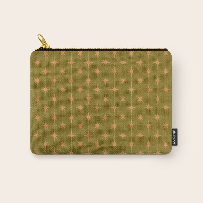 Mid Century Modern Stars and Dots Pattern in Vintage Olive Green and Orange Carry All Pouch Gallery Image 1