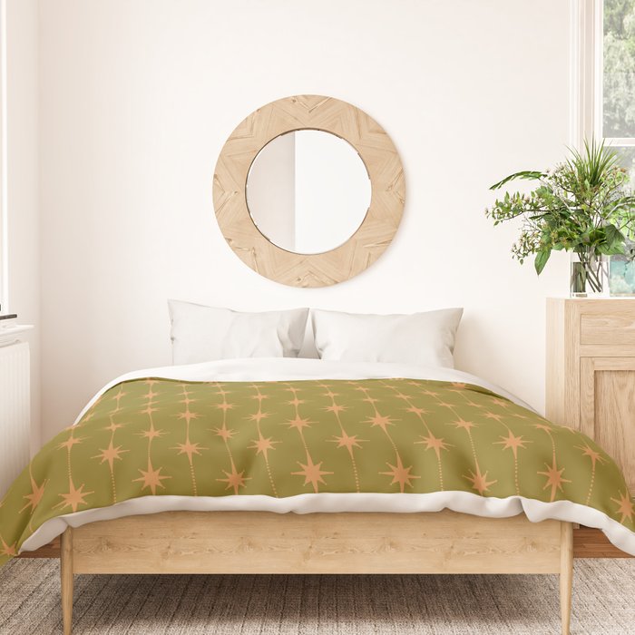 Mid Century Modern Stars and Dots Pattern in Vintage Olive Green and Orange Duvet Cover Gallery Image 3