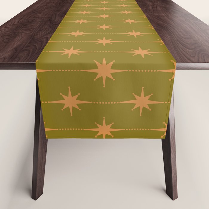 Mid Century Modern Stars and Dots Pattern in Vintage Olive Green and Orange Table Runner Gallery Image 1