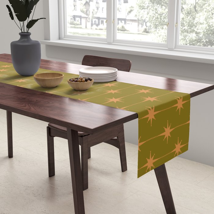 Mid Century Modern Stars and Dots Pattern in Vintage Olive Green and Orange Table Runner Gallery Image 2