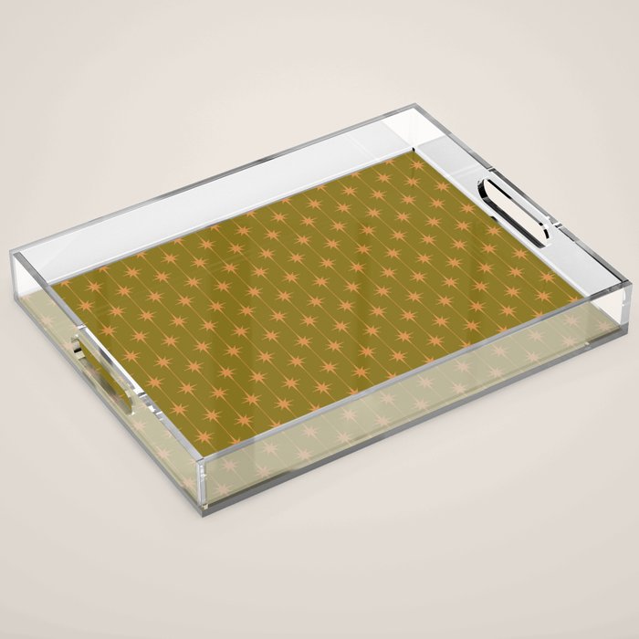Mid Century Modern Stars and Dots Pattern in Vintage Olive Green and Orange Acrylic Tray Gallery Image 1