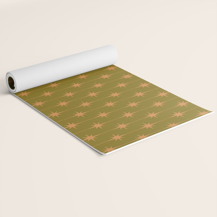Mid Century Modern Stars and Dots Pattern in Vintage Olive Green and Orange Yoga Mat Gallery Image 2