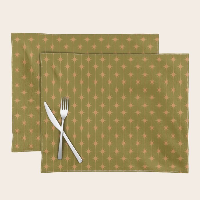 Mid Century Modern Stars and Dots Pattern in Vintage Olive Green and Orange Placemat Gallery Image 1