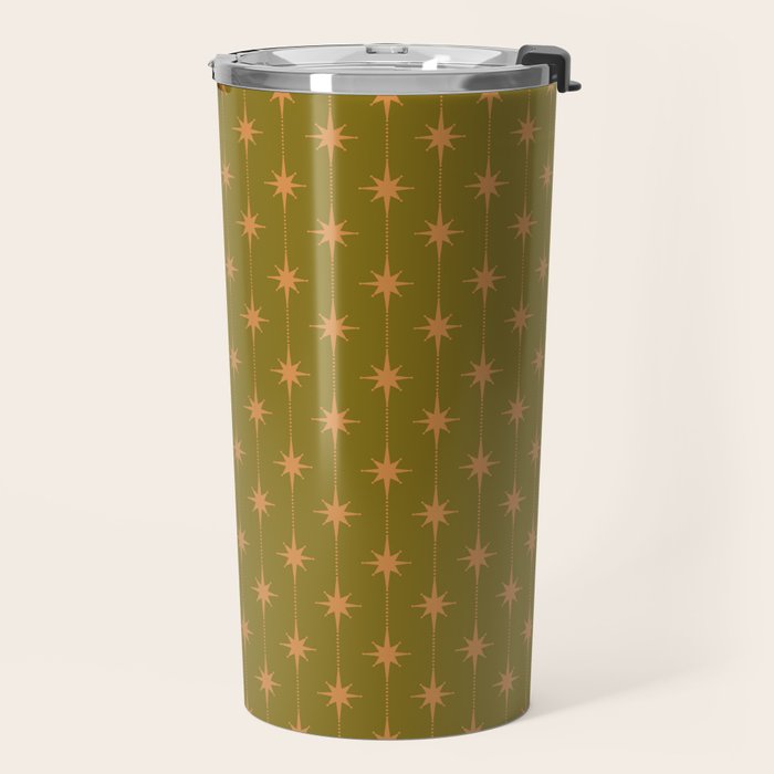 Mid Century Modern Stars and Dots Pattern in Vintage Olive Green and Orange Travel Mug Gallery Image 2