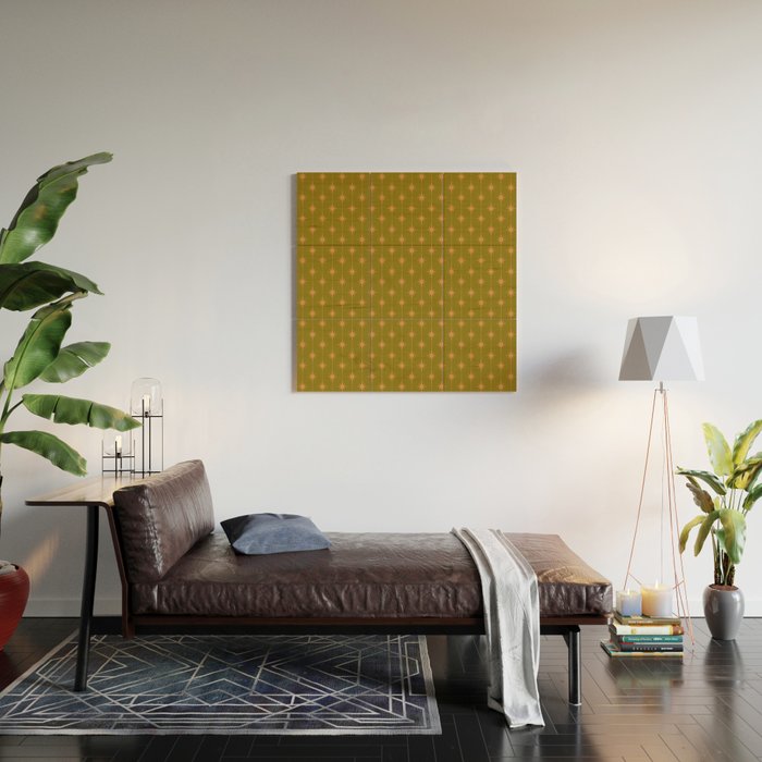Mid Century Modern Stars and Dots Pattern in Vintage Olive Green and Orange Wood Wall Art Gallery Image 2