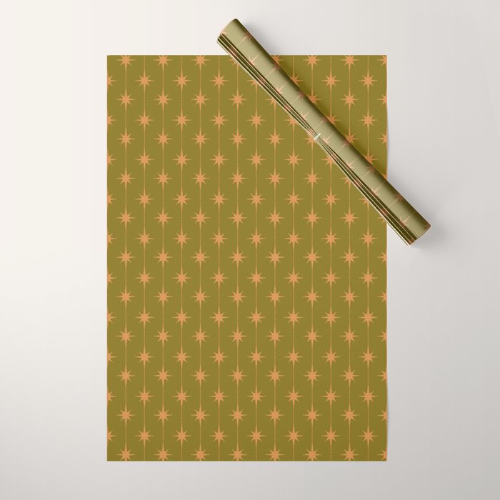 Mid Century Modern Stars and Dots Pattern in Vintage Olive Green and Orange Wrapping Paper Gallery Image 1