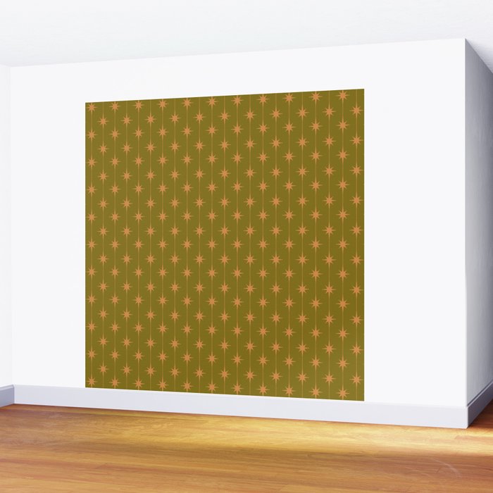 Mid Century Modern Stars and Dots Pattern in Vintage Olive Green and Orange Wall Mural Gallery Image 2