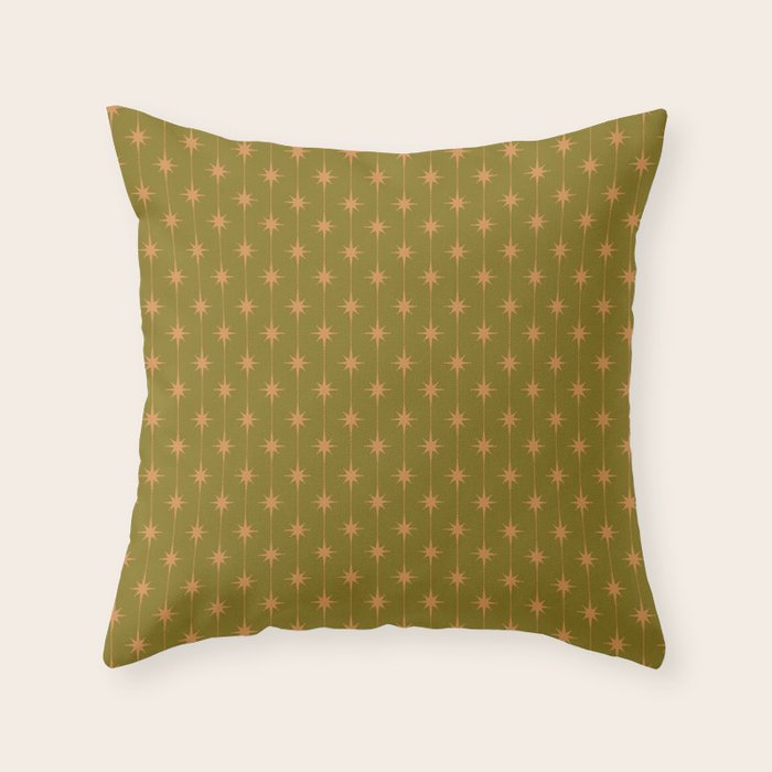 Mid Century Modern Stars and Dots Pattern in Vintage Olive Green and Orange Throw Pillow Gallery Image 1