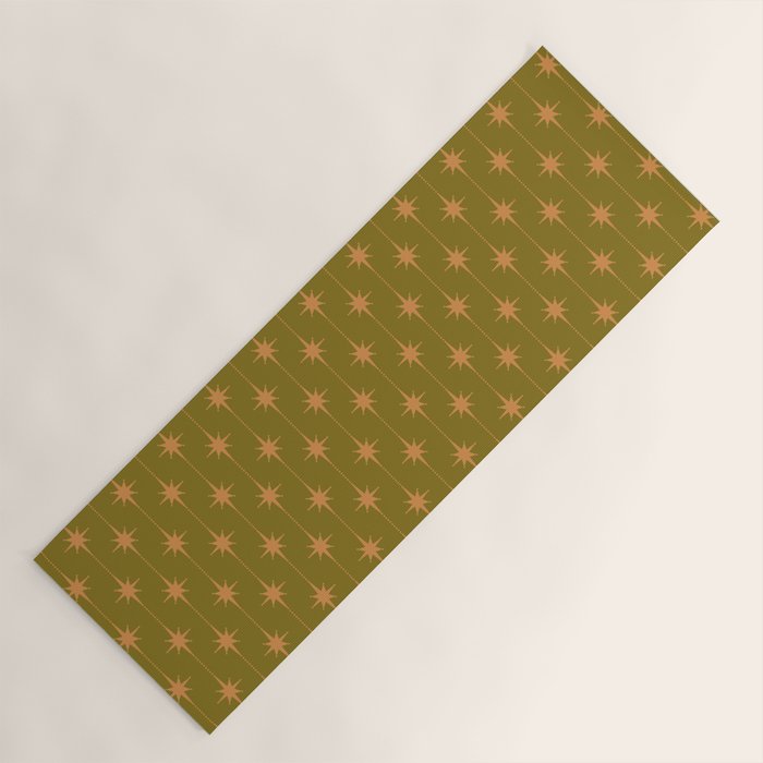 Mid Century Modern Stars and Dots Pattern in Vintage Olive Green and Orange Yoga Mat Gallery Image 1