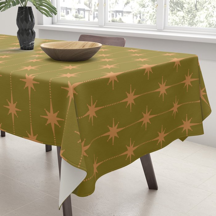 Mid Century Modern Stars and Dots Pattern in Vintage Olive Green and Orange Tablecloth Gallery Image 3