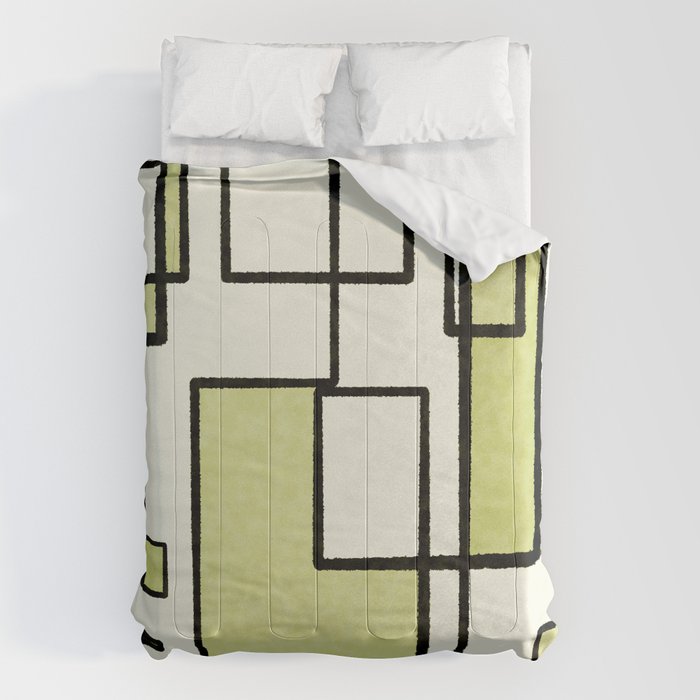 Piet Composition in Retro Avocado Sage Light Green Mid-Century Modern Minimalist Geometric Abstract Comforter Gallery Image 1