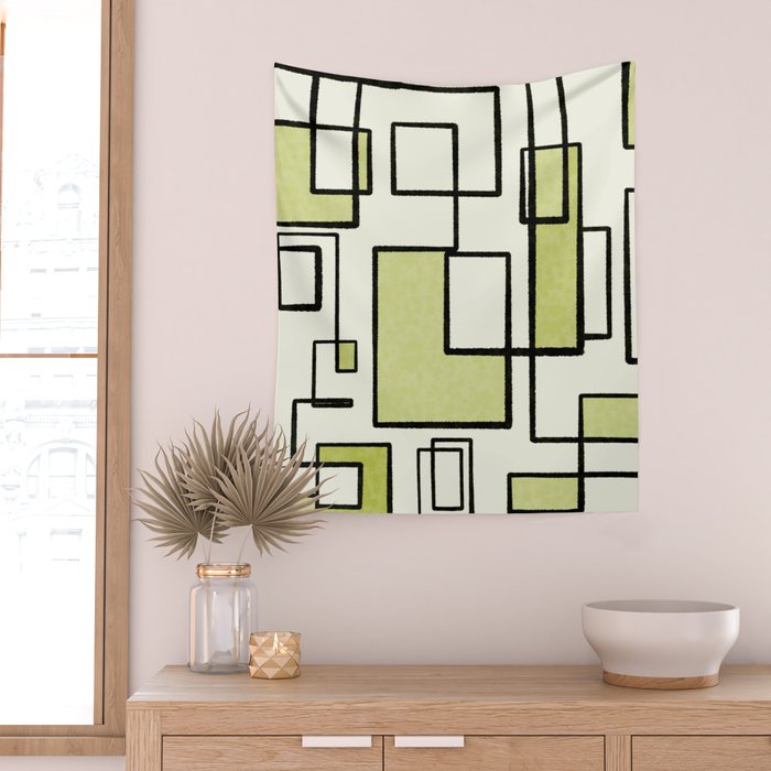 Piet Composition in Retro Avocado Sage Light Green Mid-Century Modern Minimalist Geometric Abstract Wall Tapestry Gallery Image 2