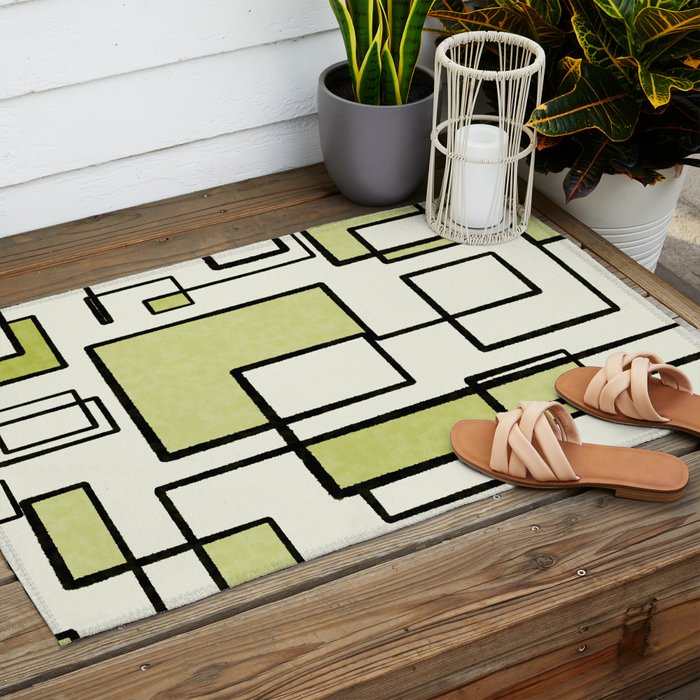 Piet Composition in Retro Avocado Sage Light Green Mid-Century Modern Minimalist Geometric Abstract Outdoor Rug Gallery Image 2
