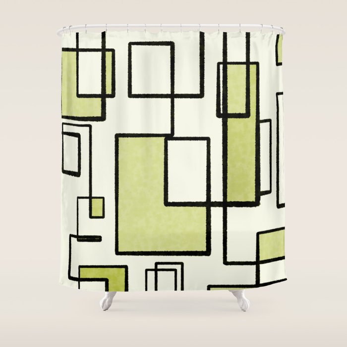Piet Composition in Retro Avocado Sage Light Green Mid-Century Modern Minimalist Geometric Abstract Shower Curtain Gallery Image 1