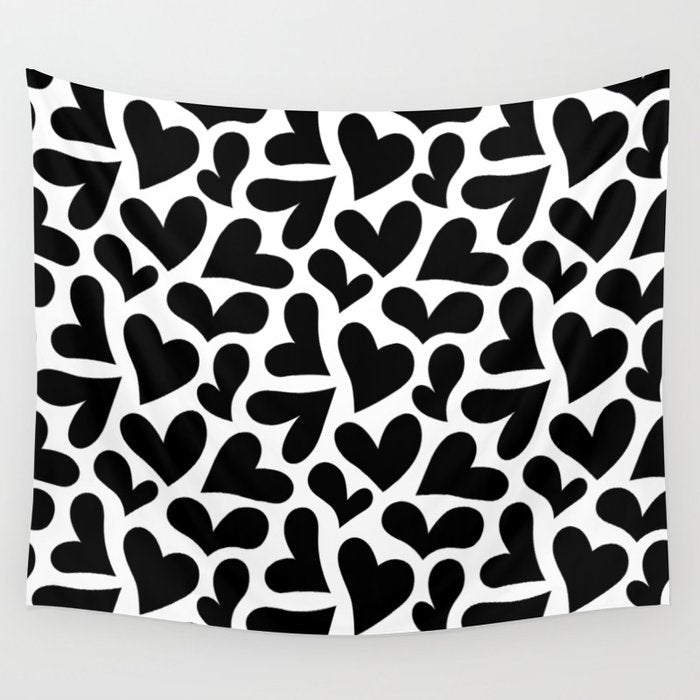 Black and white love heart shape pattern Wall Tapestry Gallery Image 1