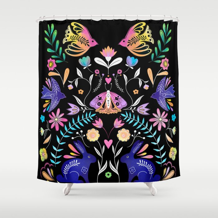 Folk Art Florals black in colors Shower Curtain Gallery Image 1