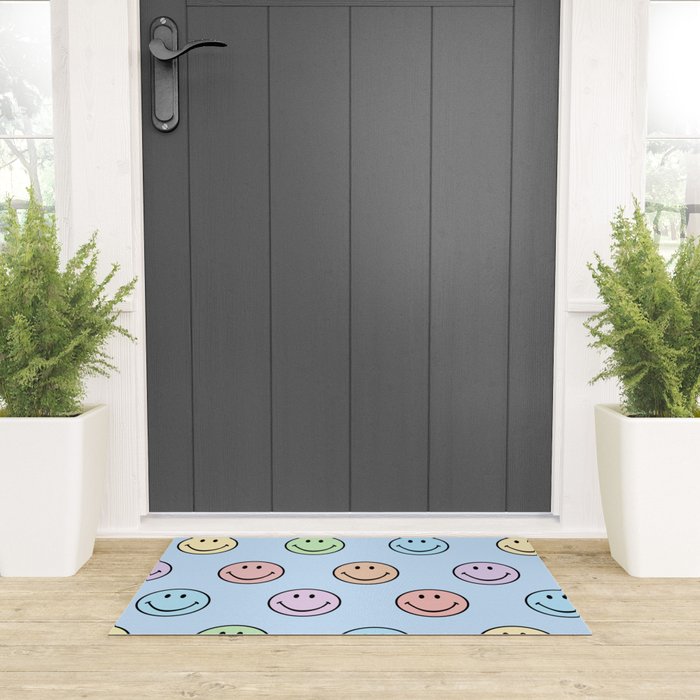 Pastel Blue Colorful Smiley Faces Welcome Mat Gallery Image 3