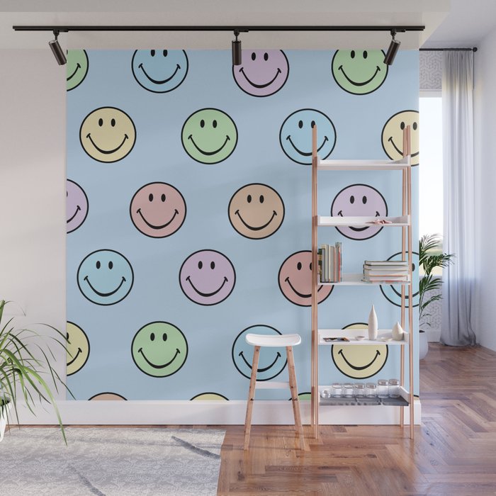 Pastel Blue Colorful Smiley Faces Wall Mural