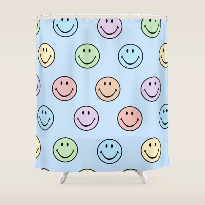 Pastel Blue Colorful Smiley Faces Shower Curtain Gallery Image 1