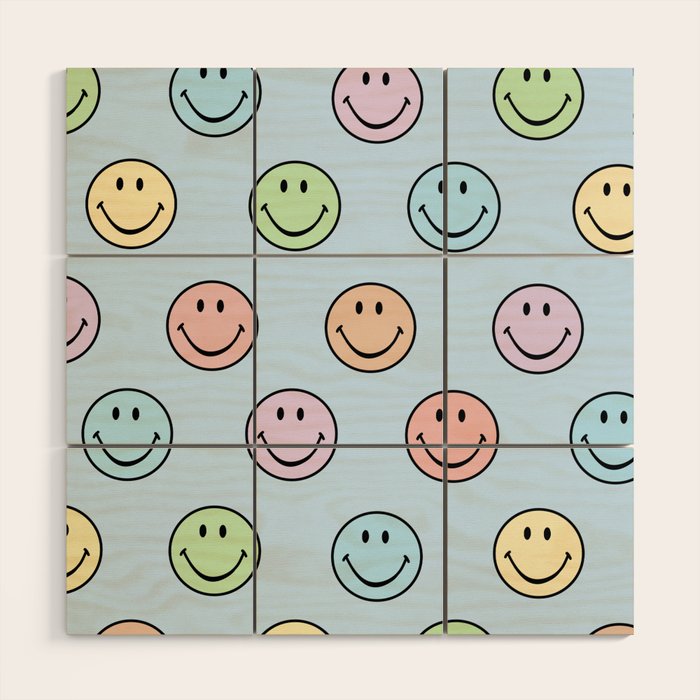 Pastel Blue Colorful Smiley Faces Wood Wall Art Gallery Image 1