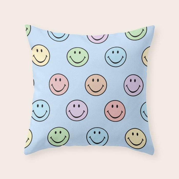 Pastel Blue Colorful Smiley Faces Throw Pillow Gallery Image 6