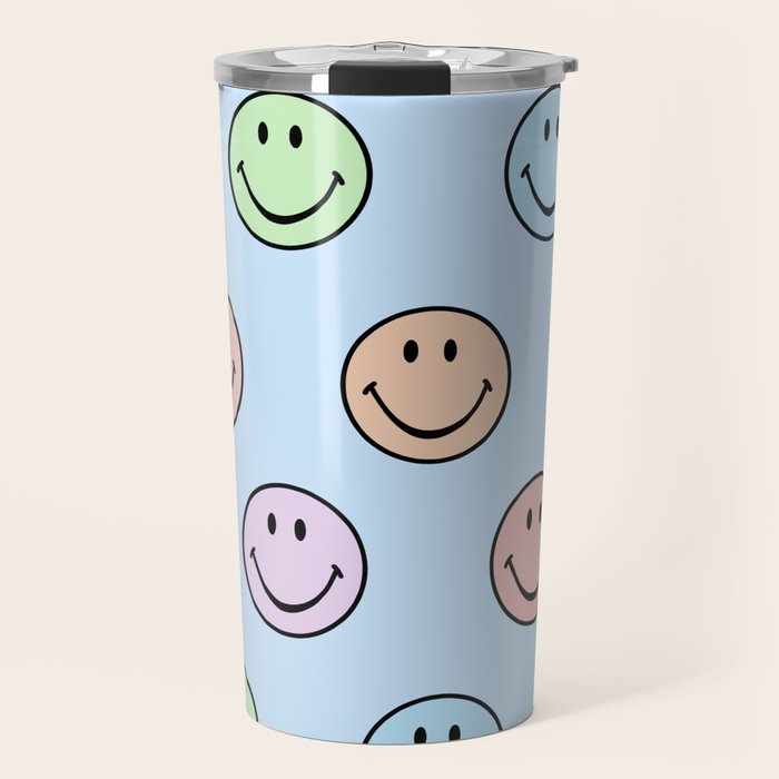 Pastel Blue Colorful Smiley Faces Travel Mug Gallery Image 1