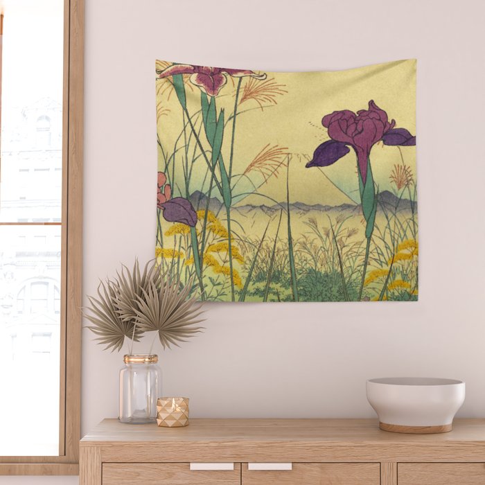 Hankjin Views - Nature Ukiyo Landscape in Green, Purple, Yellow & Orange Wall Tapestry Gallery Image 2