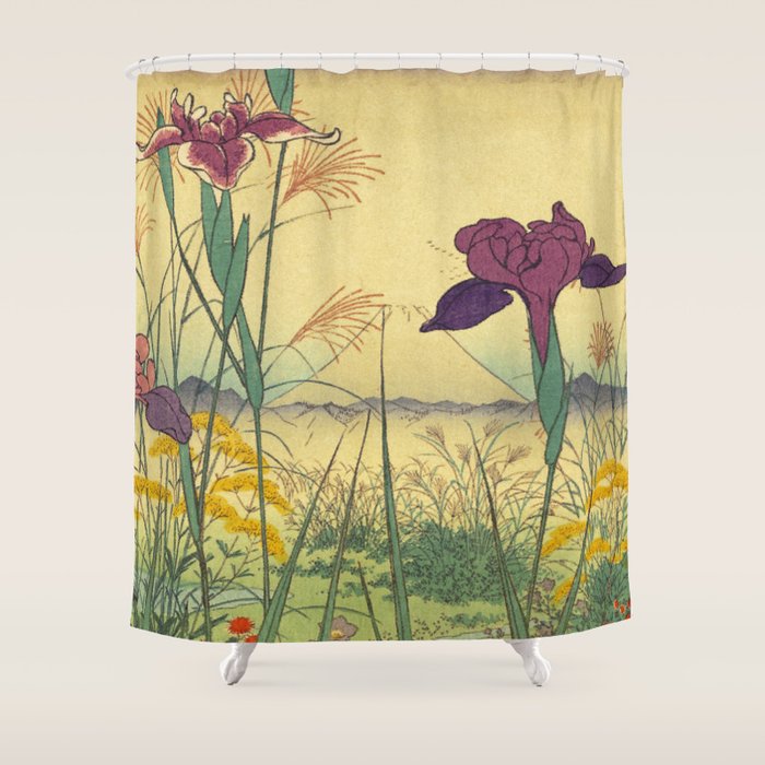 Hankjin Views - Nature Ukiyo Landscape in Green, Purple, Yellow & Orange Shower Curtain Gallery Image 1