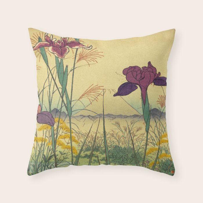 Hankjin Views - Nature Ukiyo Landscape in Green, Purple, Yellow & Orange Throw Pillow Gallery Image 1