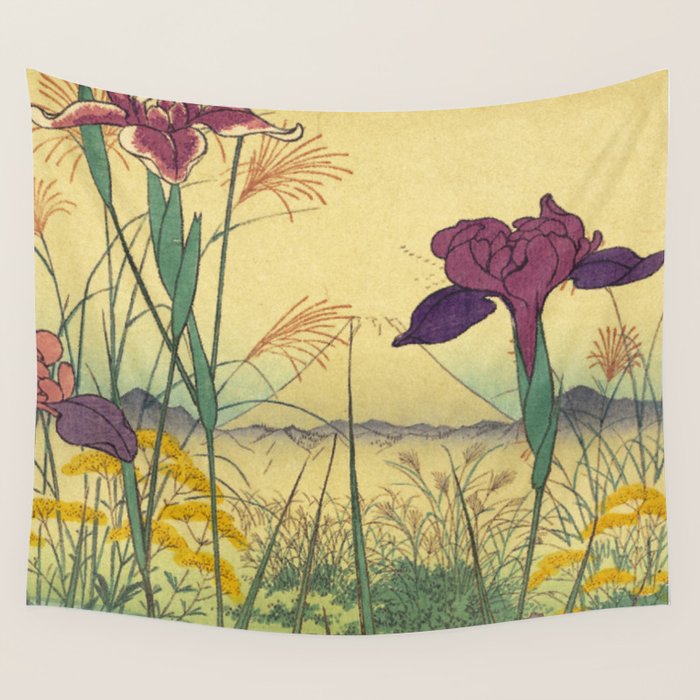 Hankjin Views - Nature Ukiyo Landscape in Green, Purple, Yellow & Orange Wall Tapestry