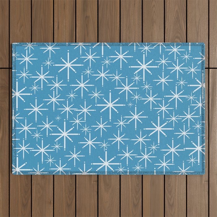 Mid Century Modern Twinkling Stars Retro Atomic Pattern in Middle Blue Outdoor Rug Gallery Image 1
