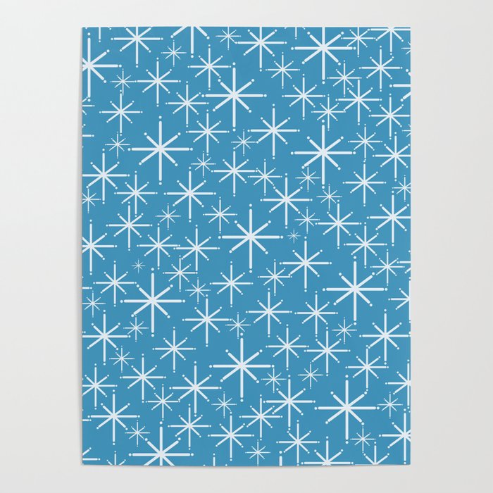 Mid Century Modern Twinkling Stars Retro Atomic Pattern in Middle Blue Poster Gallery Image 1
