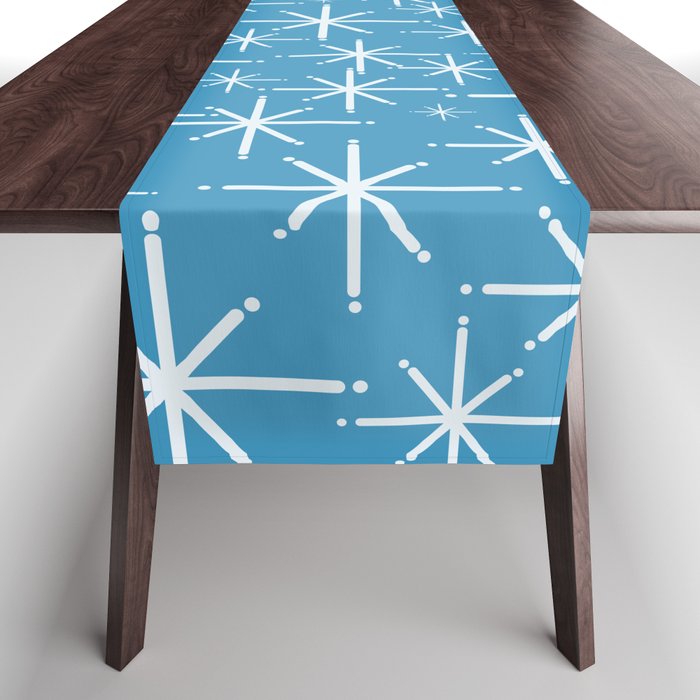 Mid Century Modern Twinkling Stars Retro Atomic Pattern in Middle Blue Table Runner Gallery Image 1