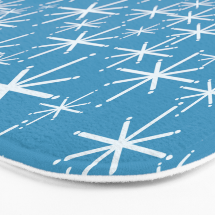 Mid Century Modern Twinkling Stars Retro Atomic Pattern in Middle Blue Bath Mat Gallery Image 3