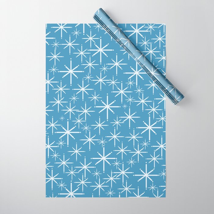Mid Century Modern Twinkling Stars Retro Atomic Pattern in Middle Blue Wrapping Paper Gallery Image 1