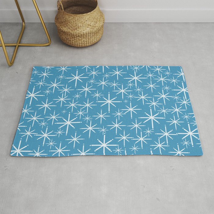 Mid Century Modern Twinkling Stars Retro Atomic Pattern in Middle Blue Rug Gallery Image 1