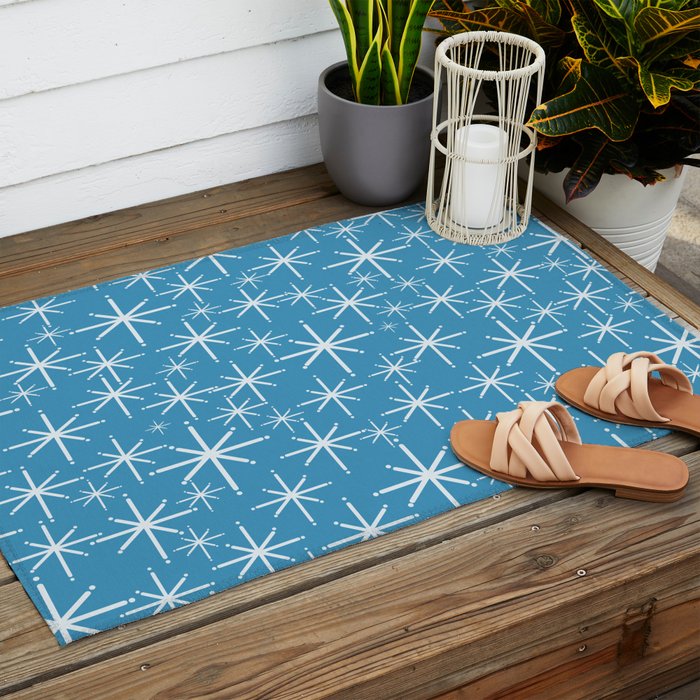 Mid Century Modern Twinkling Stars Retro Atomic Pattern in Middle Blue Outdoor Rug Gallery Image 2