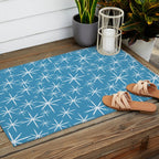Mid Century Modern Twinkling Stars Retro Atomic Pattern in Middle Blue Outdoor Rug Gallery Image 2