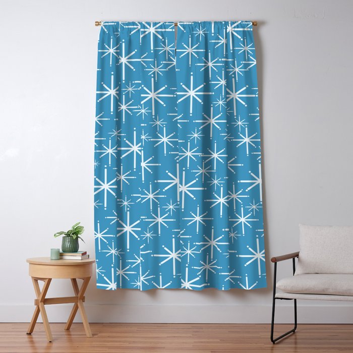 Mid Century Modern Twinkling Stars Retro Atomic Pattern in Middle Blue Window Curtain Gallery Image 1