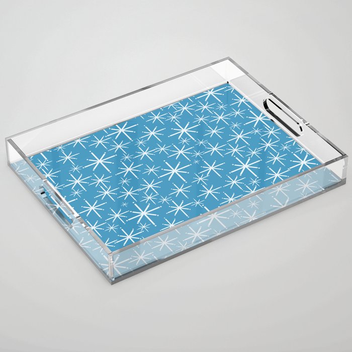 Mid Century Modern Twinkling Stars Retro Atomic Pattern in Middle Blue Acrylic Tray Gallery Image 1