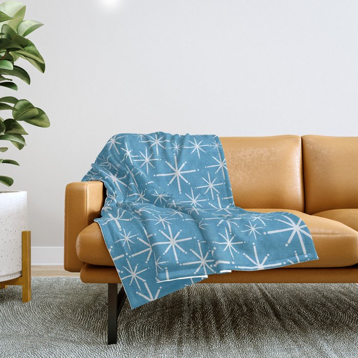 Mid Century Modern Twinkling Stars Retro Atomic Pattern in Middle Blue Throw Blanket Gallery Image 1