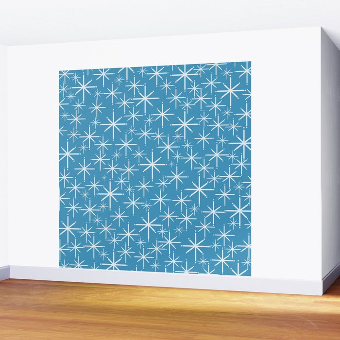 Mid Century Modern Twinkling Stars Retro Atomic Pattern in Middle Blue Wall Mural Gallery Image 2