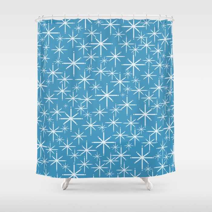Mid Century Modern Twinkling Stars Retro Atomic Pattern in Middle Blue Shower Curtain Gallery Image 1