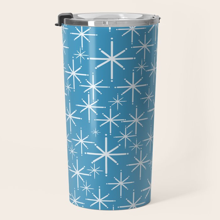 Mid Century Modern Twinkling Stars Retro Atomic Pattern in Middle Blue Travel Mug Gallery Image 3