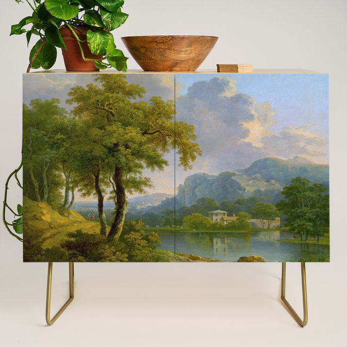 Wooded Hilly Landscape Antique Oil Painting Credenza Gallery Image 1