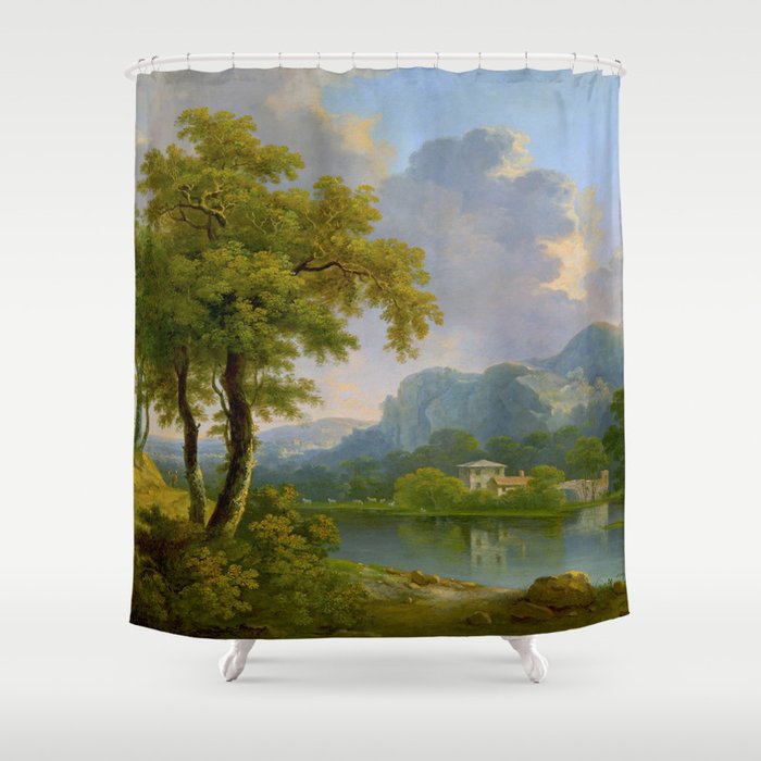 Wooded Hilly Landscape Antique Oil Painting Shower Curtain Gallery Image 1